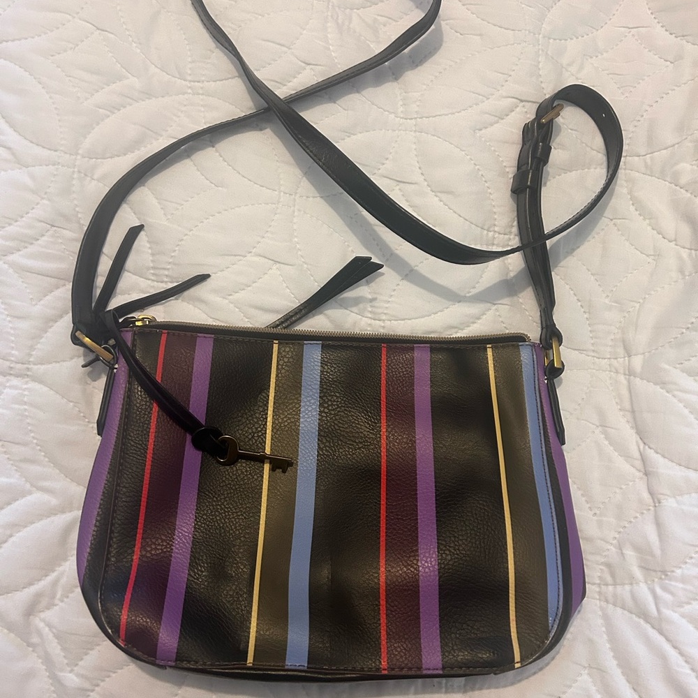 Striped Black Leather Crossbody Bag